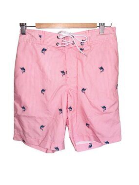 NWT St Johns Bay Mens Swim Shorts Pink White Striped Marlin Print 9" Inseam S